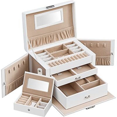 SONGMICS Boîte à bijoux, Organisateur à bijoux avec 2 tiroirs, Coffre à bijoux verrouillable avec miroir, Boîte de voyage portable, doublure en velours, idée cadeau, Blanc JBC121W SONGMICS Boîte à bijoux, Organisateur à bijoux avec 2 tiroirs, Coffre à bijoux verrouillable avec miroir, Boîte de voyage portable, doublure en velours, idée cadeau, Blanc JBC121W