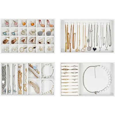 ProCase Plateau à bijoux Organisateur de tiroir à bijoux en velours empilable Plateau de rangement pour tiroir de bijoux pour boucles d'oreilles, collier, bague, bracelet 4 couches, blanc ProCase Plateau à bijoux Organisateur de tiroir à bijoux en velours empilable Plateau de rangement pour tiroir de bijoux pour boucles d'oreilles, collier, bague, bracelet 4 couches, blanc