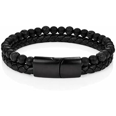 Memphis Bracelet en cuir noir Agate Perles en acier inoxydable Fermoir magnétique 18.5cm Memphis Bracelet en cuir noir Agate Perles en acier inoxydable Fermoir magnétique 18.5cm