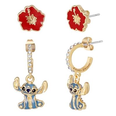 Disney Parure de boucles d'oreilles créoles Lilo et Stitch – Boucles d'oreilles pendantes en laiton avec fleurs d'hibiscus émaillées et coutures – Licence officielle Disney Parure de boucles d'oreilles créoles Lilo et Stitch – Boucles d'oreilles pendantes en laiton avec fleurs d'hibiscus émaillées et coutures – Licence officielle