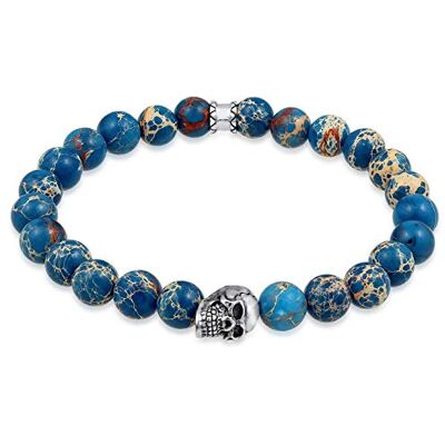 Kuzzoi Buddha 0205930619 Bracelet pour homme avec perles en agate bleue et tête de mort en argent sterling 925 Bracelet de yoga élastique Longueur 19-23 cm Kuzzoi Buddha 0205930619 Bracelet pour homme avec perles en agate bleue et tête de mort en argent sterling 925 Bracelet de yoga élastique Longueur 19-23 cm