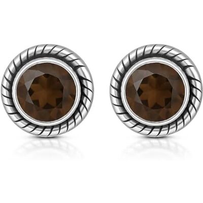 Unique Boucles d'oreilles rondes en argent 925 avec quartz fumé Ø 8 mm Pour femme Unique Boucles d'oreilles rondes en argent 925 avec quartz fumé Ø 8 mm Pour femme