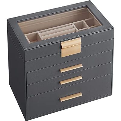 SONGMICS Boîte à bijoux avec couvercle en verre, 4 niveaux, 3 tiroirs, pour lunettes de soleil, grands bijoux, rangement de bijoux, style moderne, gris et doré JBC161C01 SONGMICS Boîte à bijoux avec couvercle en verre, 4 niveaux, 3 tiroirs, pour lunettes de soleil, grands bijoux, rangement de bijoux, style moderne, gris et doré JBC161C01