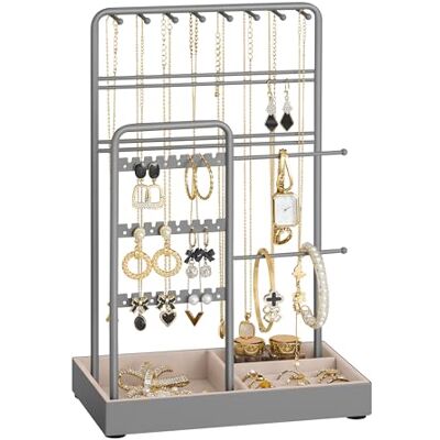 SONGMICS présentoir à bijoux, porte bijoux, structure métal, plateau à bijoux velours, rangement bijoux pour colliers, bracelets, boucles d'oreilles, clous d'oreilles, gris tourterelle JJS021G01 SONGMICS présentoir à bijoux, porte bijoux, structure métal, plateau à bijoux velours, rangement bijoux pour colliers, bracelets, boucles d'oreilles, clous d'oreilles, gris tourterelle JJS021G01