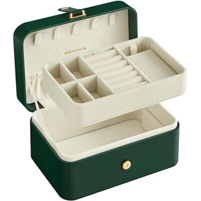 SONGMICS GISELLA Collection Boîte à Bijoux de Voyage à 2 Niveaux, Petit Écrin à Accessoires, Rangement Bijoux Portable, pour Accessoires plus Grands, 11,6 x 16 x 7,5 cm, Vert Forêt JBC166C01 SONGMICS GISELLA Collection Boîte à Bijoux de Voyage à 2 Niveaux, Petit Écrin à Accessoires, Rangement Bijoux Portable, pour Accessoires plus Grands, 11,6 x 16 x 7,5 cm, Vert Forêt JBC166C01