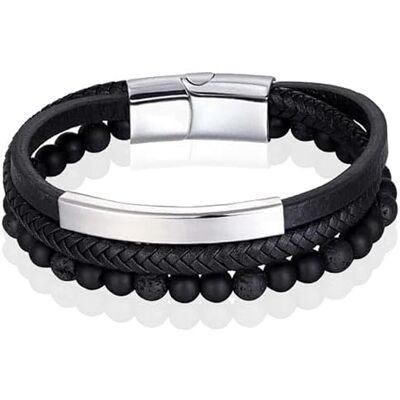 Memphis Bracelet Homme Agate Perle Cuir Tressé Argent Noir 19cm Memphis Bracelet Homme Agate Perle Cuir Tressé Argent Noir 19cm