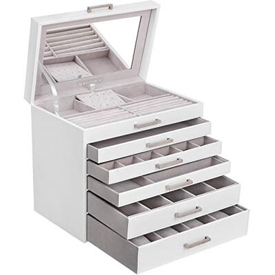 SONGMICS Boîte à Bijoux, Grand, Coffre Bijoux à 6 Niveaux, Avec tiroirs et Miroir, Pour Bracelets, Boucles d'oreilles, Colliers, Bagues, Montres, Lunettes de Soleil, Cadeau noel, Blanc JBC138 SONGMICS Boîte à Bijoux, Grand, Coffre Bijoux à 6 Niveaux, Avec tiroirs et Miroir, Pour Bracelets, Boucles d'oreilles, Colliers, Bagues, Montres, Lunettes de Soleil, Cadeau noel, Blanc JBC138