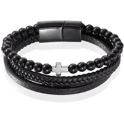 Memphis Bracelet Homme Agate Perle Cuir Tressé Croix Noir 21cm Memphis Bracelet Homme Agate Perle Cuir Tressé Croix Noir 21cm