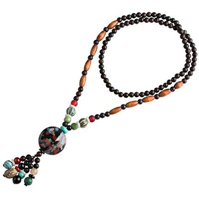 THTHT Long collier de perles vintage fait à la main ethnique en bois naturel sculpté perles en céramique noir bohème minimaliste simple unisexe accessoires de vêtements THTHT Long collier de perles vintage fait à la main ethnique en bois naturel sculpté perles en céramique noir bohème minimaliste simple unisexe accessoires de vêtements