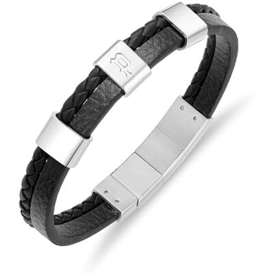 Police Unity Bracelet en cuir noir avec motif de péquares en acier inoxydable Police Unity Bracelet en cuir noir avec motif de péquares en acier inoxydable
