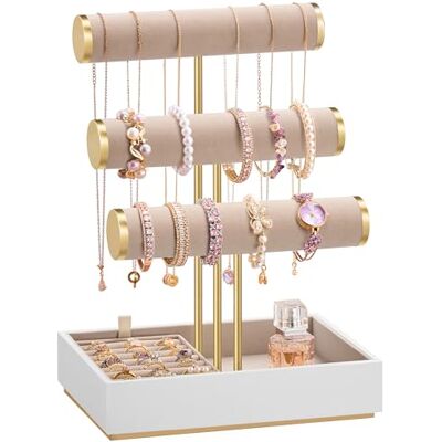 SONGMICS JJS027A01 Présentoir à bijoux avec 3 niveaux et plateau en velours amovible pour bagues Blanc nuage et marron camel SONGMICS JJS027A01 Présentoir à bijoux avec 3 niveaux et plateau en velours amovible pour bagues Blanc nuage et marron camel