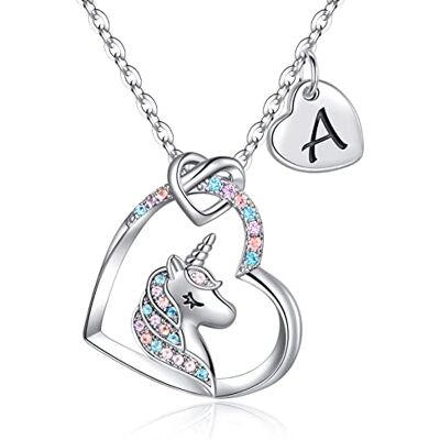 TINGN Collier licorne pour filles, plaqué or blanc 14 carats, pendentif cœur, initiale A-Z, licorne, lettre, chaîne, bijoux pour fille, femme, Cuir TINGN Collier licorne pour filles, plaqué or blanc 14 carats, pendentif cœur, initiale A-Z, licorne, lettre, chaîne, bijoux pour fille, femme, Cuir