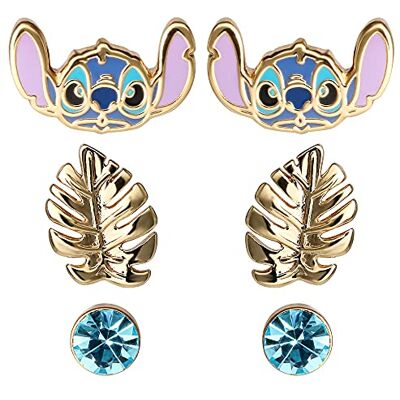 Disney Lilo and Stitch Jewelry for Girls Yellow Gold Plated Crystal Stud Earring Set, 3 Pairs, Officially Licensed, Laiton, Zircone cubique Disney Lilo and Stitch Jewelry for Girls Yellow Gold Plated Crystal Stud Earring Set, 3 Pairs, Officially Licensed, Laiton, Zircone cubique