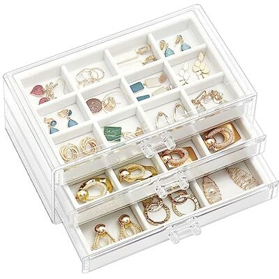 ProCase Boîte à bijoux pour boucles d'oreilles avec 3 tiroirs, étui en acrylique transparent avec plateaux réglables en velours pour femme, blanc chaud, 3 couches ProCase Boîte à bijoux pour boucles d'oreilles avec 3 tiroirs, étui en acrylique transparent avec plateaux réglables en velours pour femme, blanc chaud, 3 couches