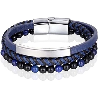 Memphis Bracelet Homme Œil de Tigre Perle Cuir Tressé Argent Bleu 21cm Memphis Bracelet Homme Œil de Tigre Perle Cuir Tressé Argent Bleu 21cm