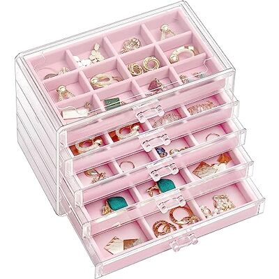 ProCase Boîte à bijoux en acrylique transparent avec plateaux en velours réglables pour femme – Rose, 5 étages ProCase Boîte à bijoux en acrylique transparent avec plateaux en velours réglables pour femme – Rose, 5 étages