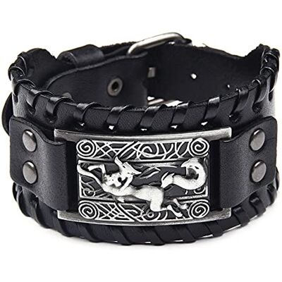 Thajaling Bracelet en cuir noir antique argenté viking renard nœud celtique irlandais large bracelet en cuir style punk, One Size, Cuir Thajaling Bracelet en cuir noir antique argenté viking renard nœud celtique irlandais large bracelet en cuir style punk, One Size, Cuir