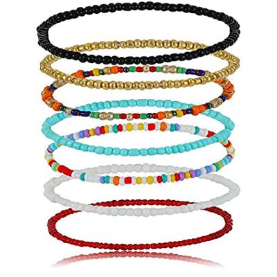 Cubahop Lot de 7 bracelets de cheville colorés faits à la main en perles de rocaille pour femmes et filles Cubahop Lot de 7 bracelets de cheville colorés faits à la main en perles de rocaille pour femmes et filles