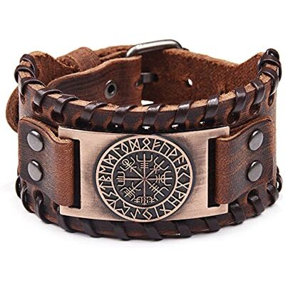Thajaling Bracelet viking marron – Bracelet manchette réglable avec boussole Vegvisir et amulette nordique – Bijou celtique païen de talisman, 18 to 22.5cm, Cuir Thajaling Bracelet viking marron – Bracelet manchette réglable avec boussole Vegvisir et amulette nordique – Bijou celtique païen de talisman, 18 to 22.5cm, Cuir