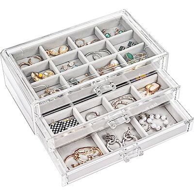 ProCase Boîte de rangement de boucles d'oreilles avec 3 tiroirs, support à bijoux empilable en acrylique transparent avec plateaux réglables pour femme sur commode, gris, 3 couches ProCase Boîte de rangement de boucles d'oreilles avec 3 tiroirs, support à bijoux empilable en acrylique transparent avec plateaux réglables pour femme sur commode, gris, 3 couches