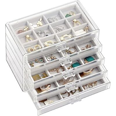 ProCase Boîte de rangement en acrylique pour boucles d'oreilles avec 5 tiroirs, support à bijoux empilable, étui à bijoux transparent avec plateaux réglables pour femme sur commode, gris, 5 couches ProCase Boîte de rangement en acrylique pour boucles d'oreilles avec 5 tiroirs, support à bijoux empilable, étui à bijoux transparent avec plateaux réglables pour femme sur commode, gris, 5 couches