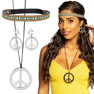 Boland 44536 Ensemble hippie, bandeau, boucles d'oreilles, collier, symbole de paix, Flower Power, années 60, accessoires, bijoux, fête à thème, carnaval Boland 44536 Ensemble hippie, bandeau, boucles d'oreilles, collier, symbole de paix, Flower Power, années 60, accessoires, bijoux, fête à thème, carnaval