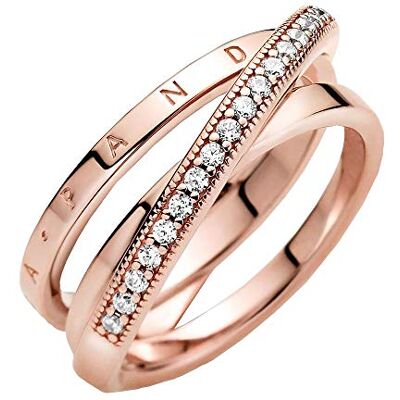 PANDORA Signature Bague anneau triple croisé Pavé en métal plaqué or rose 14 carats avec zircones cubiques transparentes, taille 58 PANDORA Signature Bague anneau triple croisé Pavé en métal plaqué or rose 14 carats avec zircones cubiques transparentes, taille 58