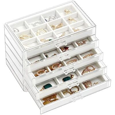 ProCase Boîte à bijoux en acrylique transparent avec plateaux en velours réglables pour femme – Blanc chaud, 5 étages ProCase Boîte à bijoux en acrylique transparent avec plateaux en velours réglables pour femme – Blanc chaud, 5 étages