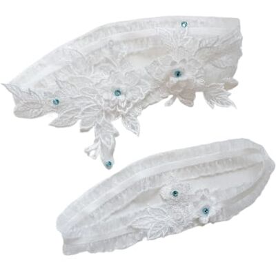 MZPOZB Jarretière de mariage en dentelle blanche avec cristaux bleus MZPOZB Jarretière de mariage en dentelle blanche avec cristaux bleus