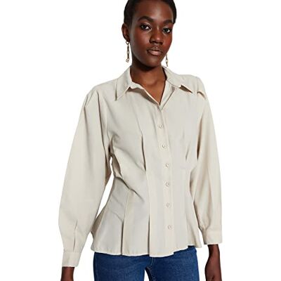Trendyol Chemise tissée à col basique pour femme, beige, 34 Trendyol Chemise tissée à col basique pour femme, beige, 34