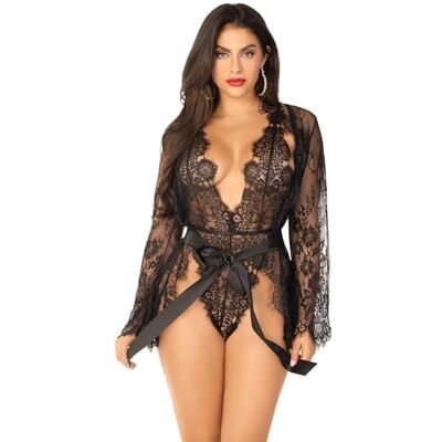 Leg Avenue Body en Dentelle Florale avec String Robe Assortie/Cravate en Satin Noir Taille L Leg Avenue Body en Dentelle Florale avec String Robe Assortie/Cravate en Satin Noir Taille L