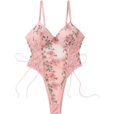 Lilosy Women Sexy Lace Up Butterfly Embroidered Teddy Babydoll Lingerie Bodysuit Top Mesh Sheer One Piece See Through Light Pink Large Lilosy Women Sexy Lace Up Butterfly Embroidered Teddy Babydoll Lingerie Bodysuit Top Mesh Sheer One Piece See Through Light Pink Large