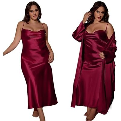 LIUHLFSR Robe en satin grande taille 3XL 4XL 5XL Ensemble pyjama et robe de mariée sexy longue robe de mariée peignoir printemps été pyjama large satin maison vêtements (Burgundy Robe Set,5XL) LIUHLFSR Robe en satin grande taille 3XL 4XL 5XL Ensemble pyjama et robe de mariée sexy longue robe de mariée peignoir printemps été pyjama large satin maison vêtements (Burgundy Robe Set,5XL)