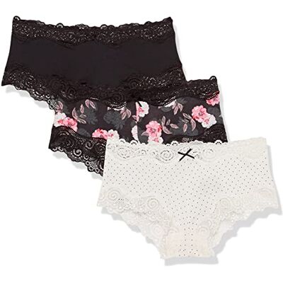 Maidenform Women's Underwear, Low-Rise Cheeky, Scalloped Lace Hipster Panty, 3-Pack, Black/Pearl Dot Print/Oil Flower Black Maidenform Women's Underwear, Low-Rise Cheeky, Scalloped Lace Hipster Panty, 3-Pack, Black/Pearl Dot Print/Oil Flower Black