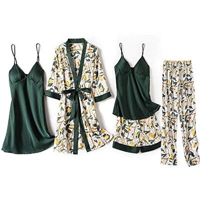 HAIBI Robe de chambre pour femme 5 pièces Robe de nuit sexy Kimono satiné Imprimé floral Vert HAIBI Robe de chambre pour femme 5 pièces Robe de nuit sexy Kimono satiné Imprimé floral Vert