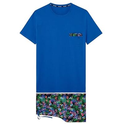 HOM Pyjama Court Havana Pajama Set me, Haut: Uni Bleu avec Détail Sur la Poche Bas: Imprimé Coloré et Festif Fond Noir, S HOM Pyjama Court Havana Pajama Set me, Haut: Uni Bleu avec Détail Sur la Poche Bas: Imprimé Coloré et Festif Fond Noir, S
