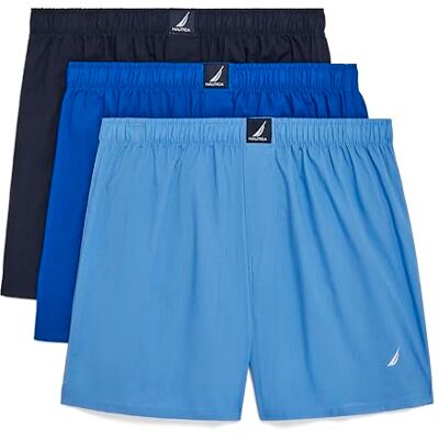Nautica Lot de 3 boxers classiques en coton pour homme, paon/cobalt de mer/bleu aéro/blanc logo J Class, taille L Nautica Lot de 3 boxers classiques en coton pour homme, paon/cobalt de mer/bleu aéro/blanc logo J Class, taille L