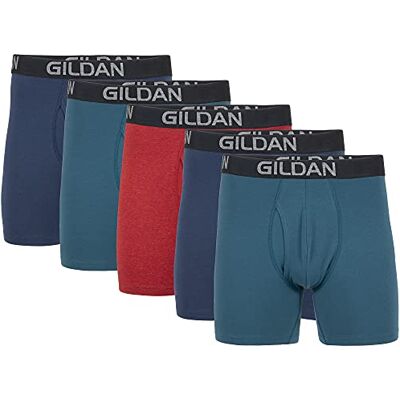 Gildan Lot de 4 boxers en coton stretch pour homme, Blue Cove/bleu hawaïen/rouge chiné (lot de 5, jambe standard), S Gildan Lot de 4 boxers en coton stretch pour homme, Blue Cove/bleu hawaïen/rouge chiné (lot de 5, jambe standard), S