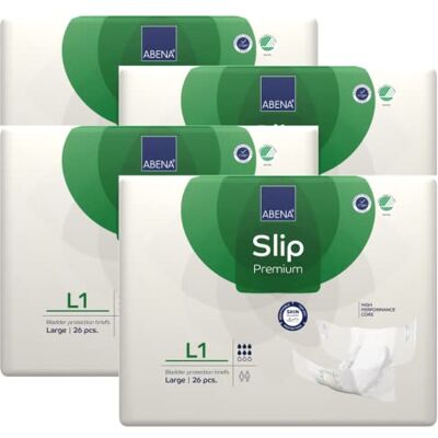 ABENA Slip Premium Lot de 4 paquets de 26 serviettes d'incontinence tout-en-un pour homme et femme Respectueux de l'environnement Taille L 1 100-150 cm Absorption de 2500 ml ABENA Slip Premium Lot de 4 paquets de 26 serviettes d'incontinence tout-en-un pour homme et femme Respectueux de l'environnement Taille L 1 100-150 cm Absorption de 2500 ml