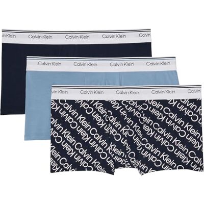 Calvin Lot de 3 boxers taille basse en coton stretch pour homme, Bleu (denim délavé/logo de piste gras/shorel), M Calvin Lot de 3 boxers taille basse en coton stretch pour homme, Bleu (denim délavé/logo de piste gras/shorel), M