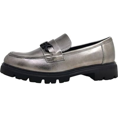 MARCO TOZZI by Guido Maria Kretschmer Mocassins pour femme sans talon élégant avec talon bloc, Ardoise, 41 EU MARCO TOZZI by Guido Maria Kretschmer Mocassins pour femme sans talon élégant avec talon bloc, Ardoise, 41 EU