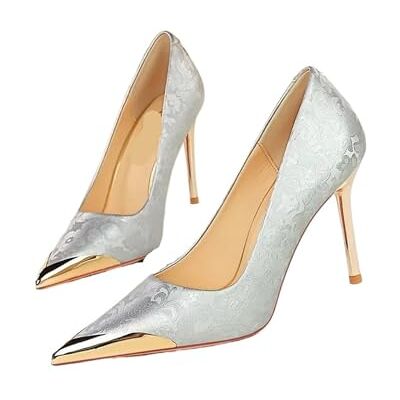 TXLEAPEY Escarpins à bout pointu en métal pour femme Soie satinée Talons hauts 10 cm Pour banquet Argenté 35 TXLEAPEY Escarpins à bout pointu en métal pour femme Soie satinée Talons hauts 10 cm Pour banquet Argenté 35