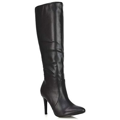ESSEX GLAM Bottes hautes au genou pour femme Talon aiguille mollet Bout pointu Cuir synthétique Bottes de soirée Taille 36-42, Noir/cuir synthétique, 41 EU ESSEX GLAM Bottes hautes au genou pour femme Talon aiguille mollet Bout pointu Cuir synthétique Bottes de soirée Taille 36-42, Noir/cuir synthétique, 41 EU