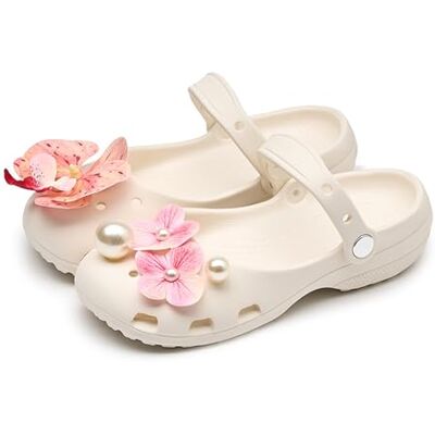 PZPUE Sabots Mary Jane pour femmes, sandales à plateforme légères avec sangle, respirants, antidérapants, chaussures de jardin pour infirmière, plage, douche, été, Blanc avec fleurs, 38.5 EU PZPUE Sabots Mary Jane pour femmes, sandales à plateforme légères avec sangle, respirants, antidérapants, chaussures de jardin pour infirmière, plage, douche, été, Blanc avec fleurs, 38.5 EU