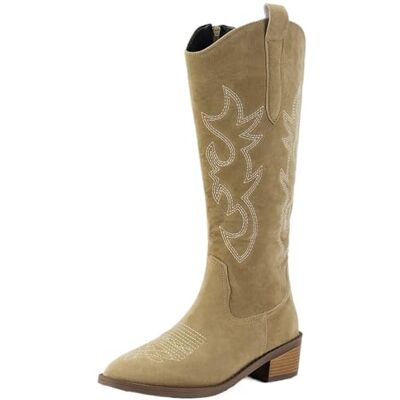 DYYEUAVT Bottes de cowboy pour femme à talons mi-hauts, chaussures de marche tendance à fermeture éclair, bottes épaisses, escarpins, botas hauts, kaki, 41 EU DYYEUAVT Bottes de cowboy pour femme à talons mi-hauts, chaussures de marche tendance à fermeture éclair, bottes épaisses, escarpins, botas hauts, kaki, 41 EU