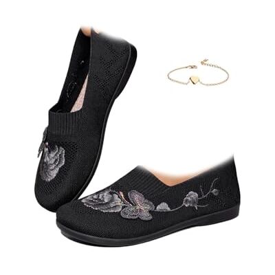 POIOZXD Mocassins orthopédiques brodés papillon pour femme en maille respirante à enfiler Chaussures de marche orthopédiques légères, Noir , 36 EU large POIOZXD Mocassins orthopédiques brodés papillon pour femme en maille respirante à enfiler Chaussures de marche orthopédiques légères, Noir , 36 EU large