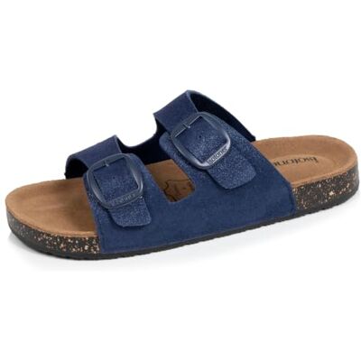 Isotoner Sandales pour femme, semelle intérieure en cuir, patch au talon, confort everywear, UE, bleu foncé Isotoner Sandales pour femme, semelle intérieure en cuir, patch au talon, confort everywear, UE, bleu foncé