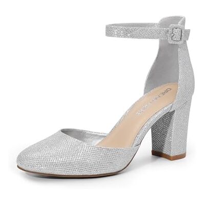 DREAM PAIRS Escarpins à talons hauts pour femme avec talon bloc et sangle de cheville, Paillettes argentées., 40 EU DREAM PAIRS Escarpins à talons hauts pour femme avec talon bloc et sangle de cheville, Paillettes argentées., 40 EU