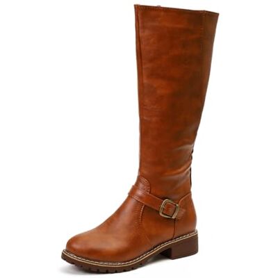 WXDTW Bottes hautes pour femme, confortables à gros talon bloc, boucle à bout rond, fermeture éclair antidérapante, marron, 43 EU large WXDTW Bottes hautes pour femme, confortables à gros talon bloc, boucle à bout rond, fermeture éclair antidérapante, marron, 43 EU large