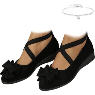 AMOUSDRDR Chaussures décontractées à talons compensés pour femme avec nœud et sangle croisée et bout rond Chaussures Mary Jane élégantes en daim confortable à enfiler, Noir , 0 UK Wide AMOUSDRDR Chaussures décontractées à talons compensés pour femme avec nœud et sangle croisée et bout rond Chaussures Mary Jane élégantes en daim confortable à enfiler, Noir , 0 UK Wide
